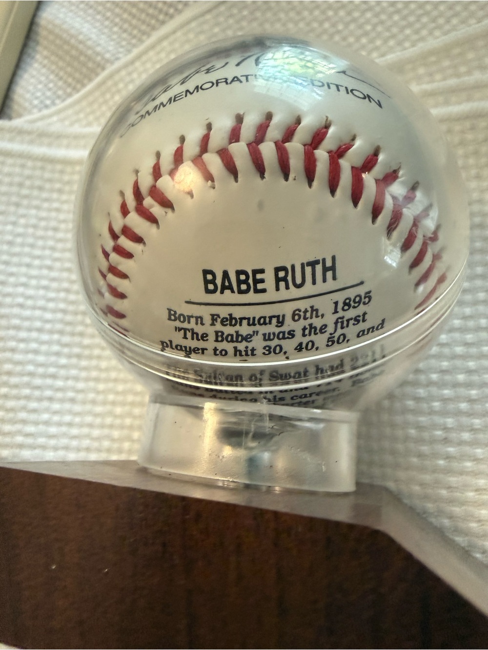 Babe Rooth Commemorative White Red-Trim Baseball Display